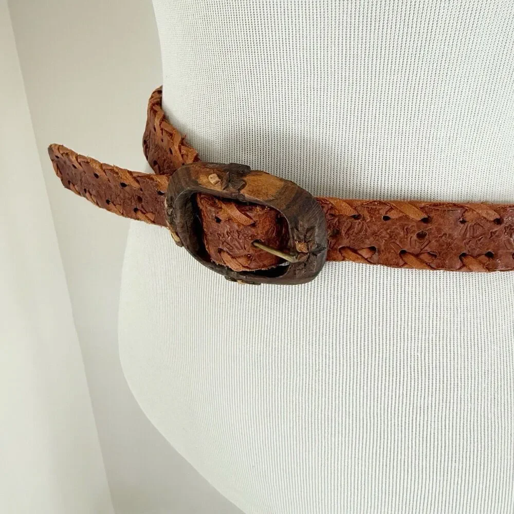Vintage Hand Made Tooled Brown Western Leather Belt Mexico Wood Buckle 26-30 Sm